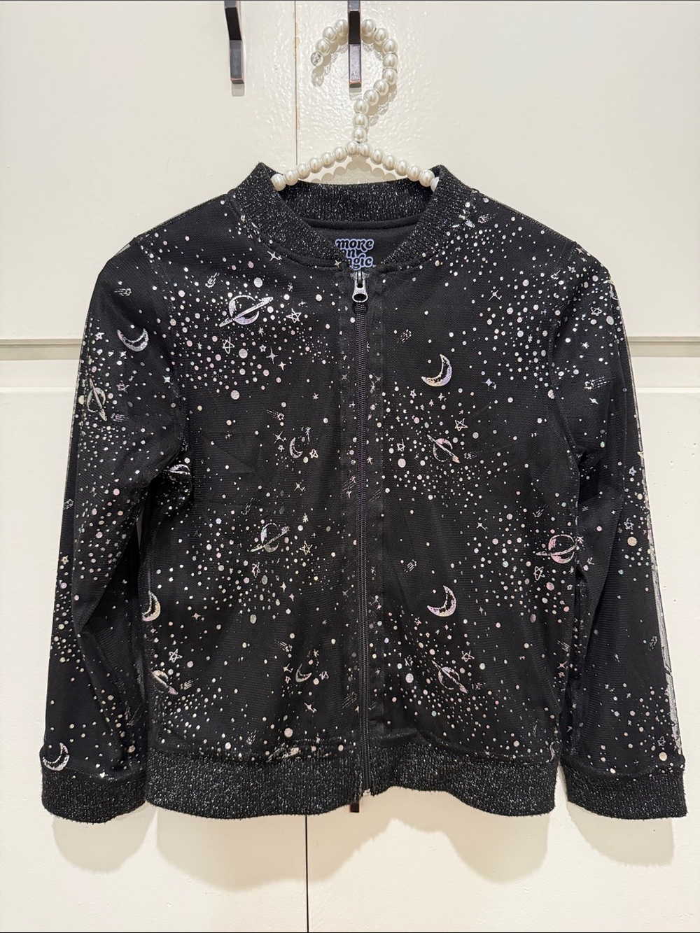 More Than Magic Black Space-Print Zip Bomber Jacket